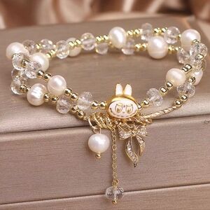 Labubu Inspired Double-Strand Pearl & Crystal Bracelet Gold & White
